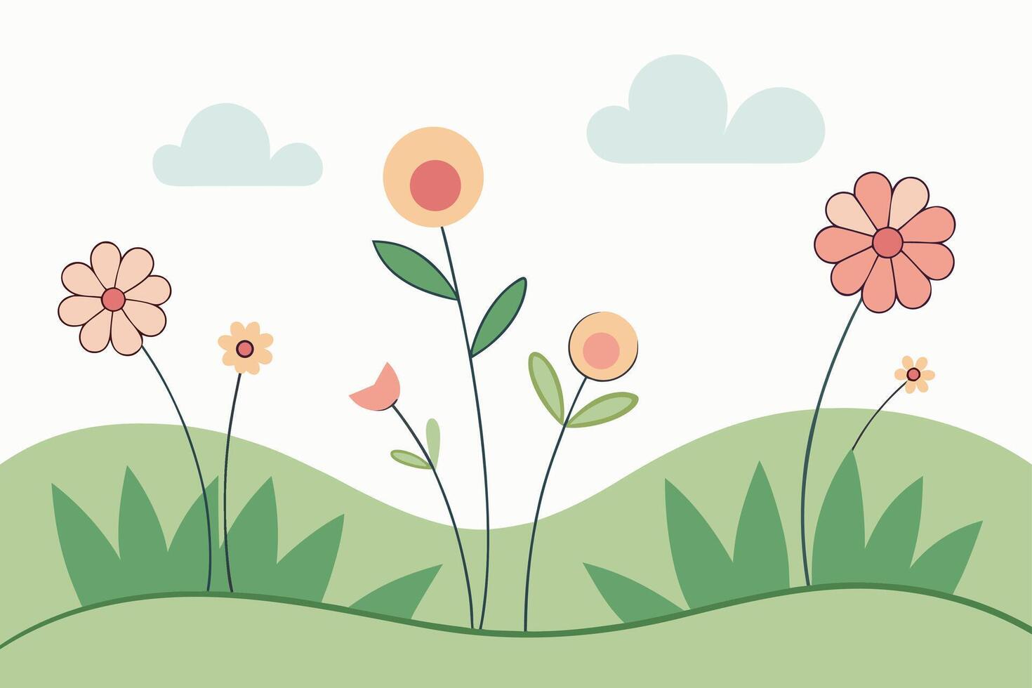 Pink orange flowers green grass blue clouds vector