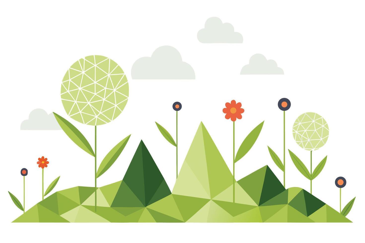 Geometric floral landscape with clouds nature flowers vector