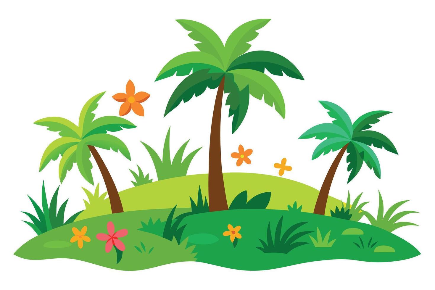 Tropical palm trees and flowers on green hills grass vector