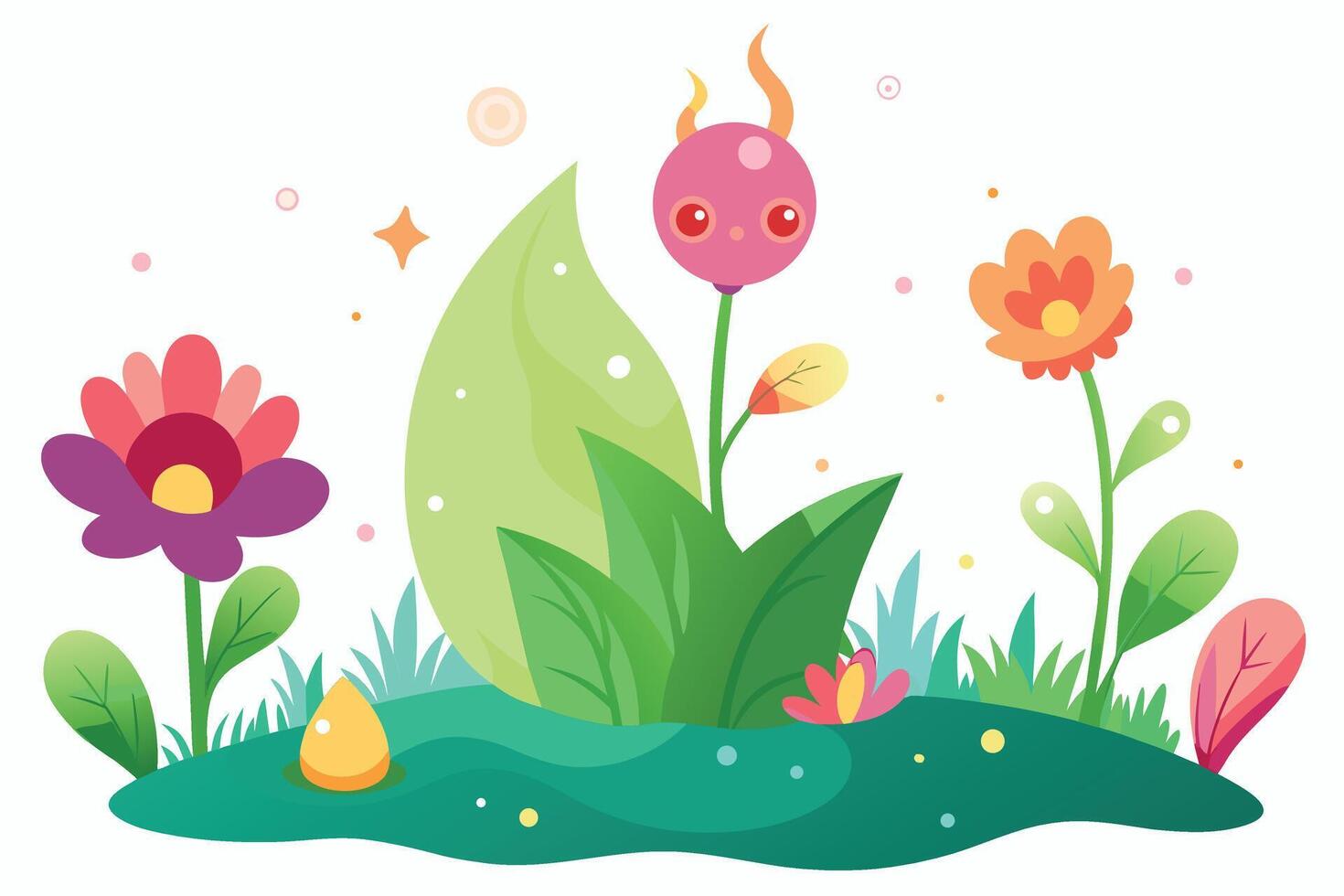 Whimsical flora with creature and colorful blooms flowers leaves vector