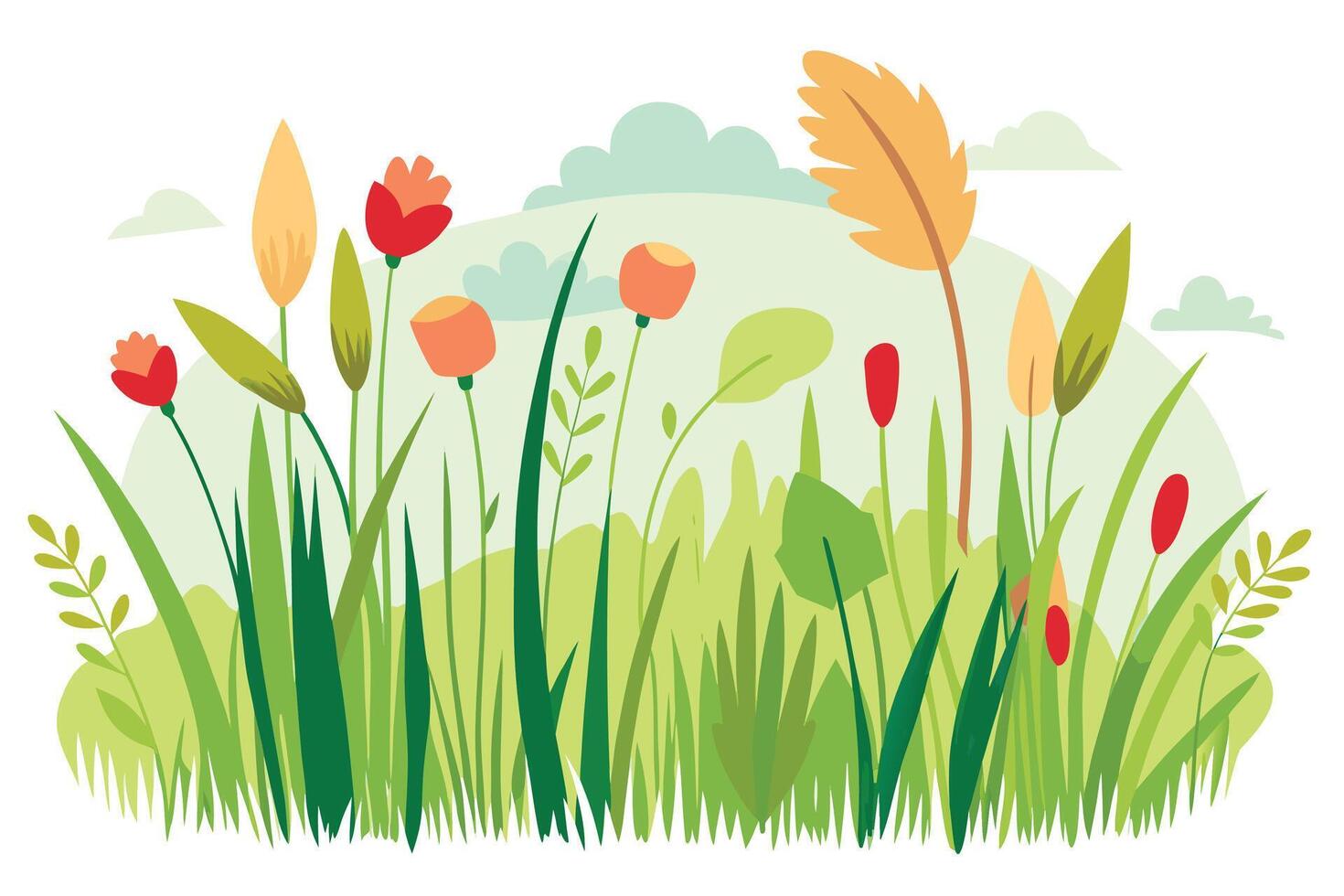 Red orange and yellow flowers with green grass and clouds nature plants vector
