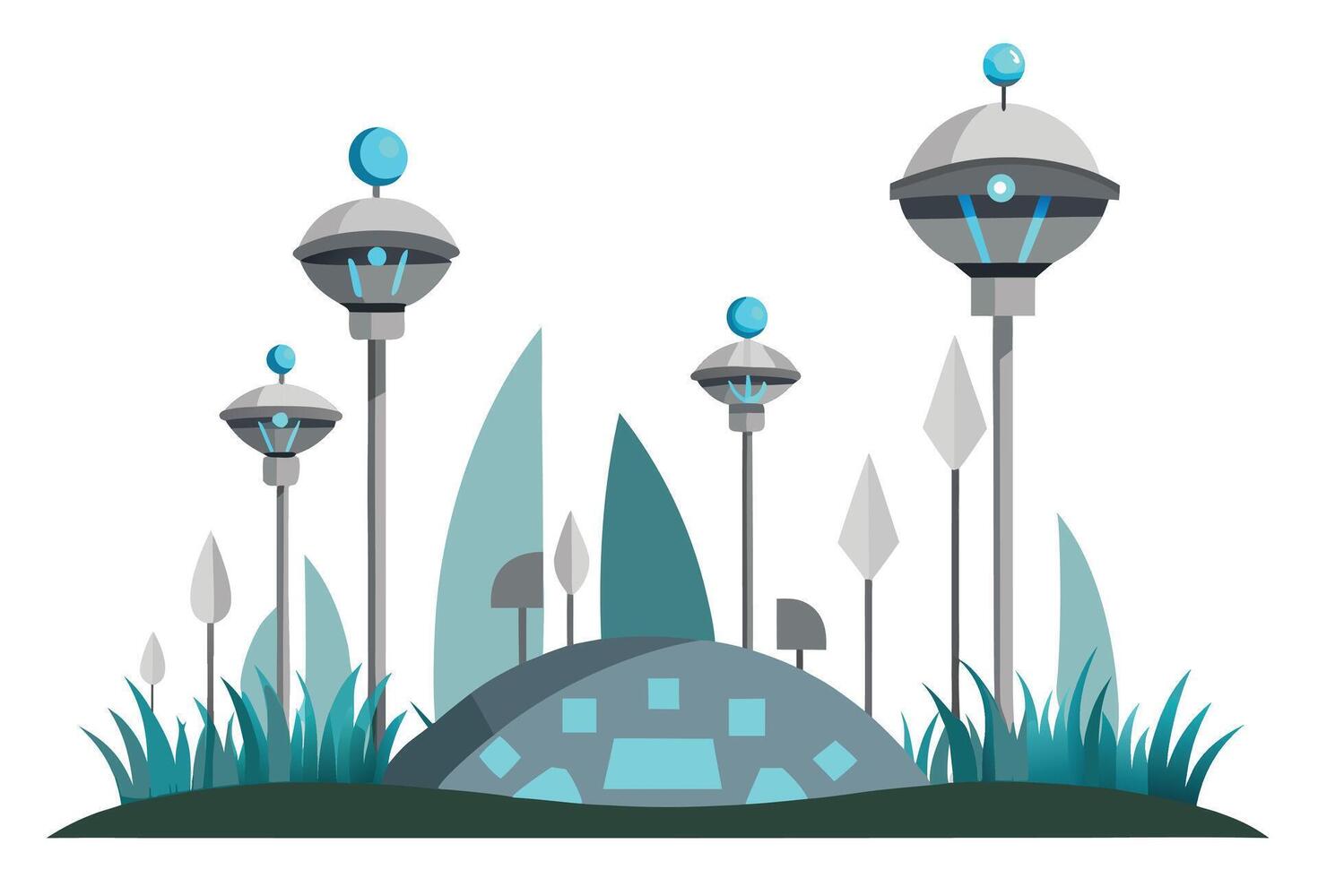 Futuristic landscape with towers and geometric plants vector