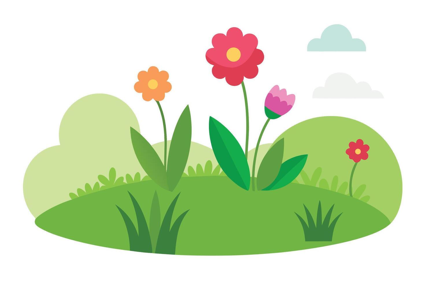 Colorful flowers blooming in green landscape with clouds nature vector