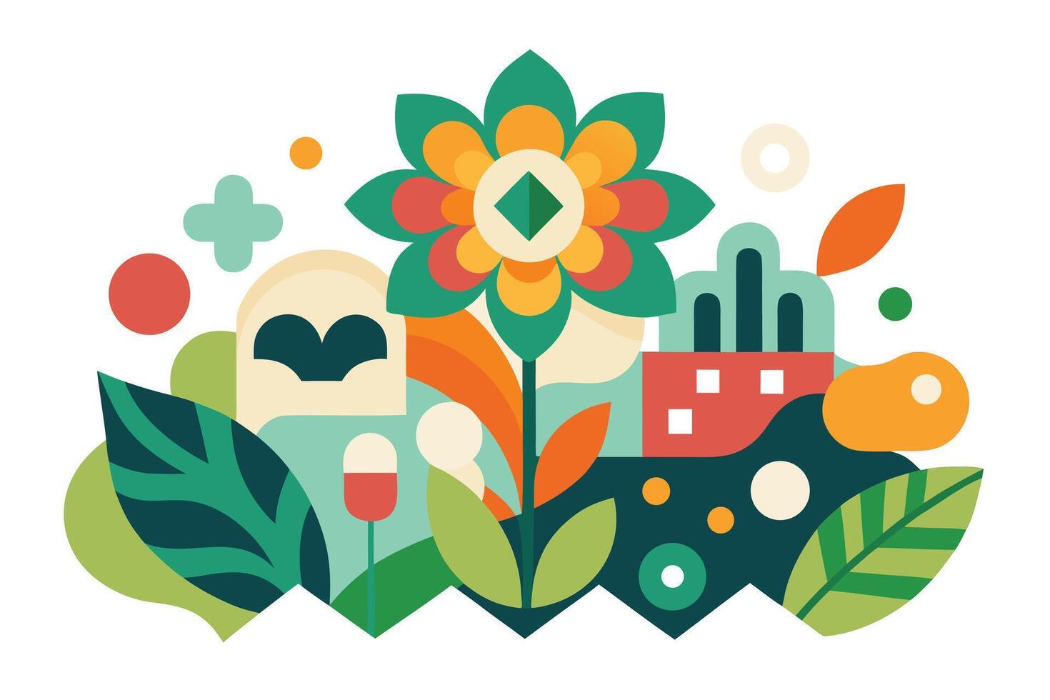 Vibrant abstract floral landscape with geometric shapes vector
