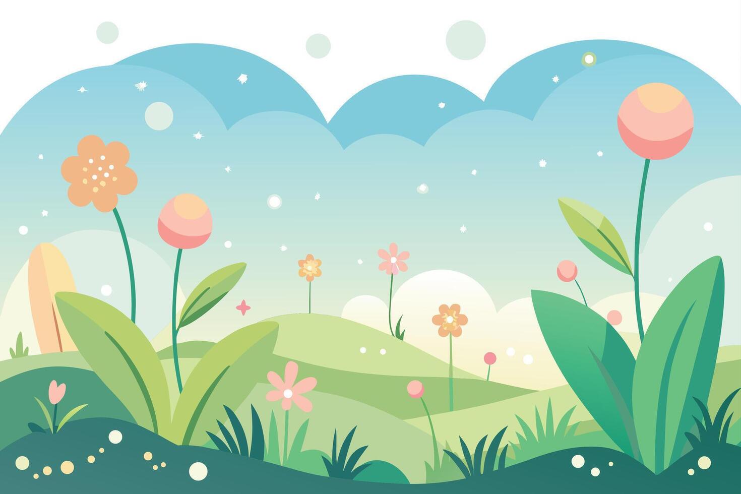 Gentle pastel hills with blooming flowers and soft clouds nature spring vector