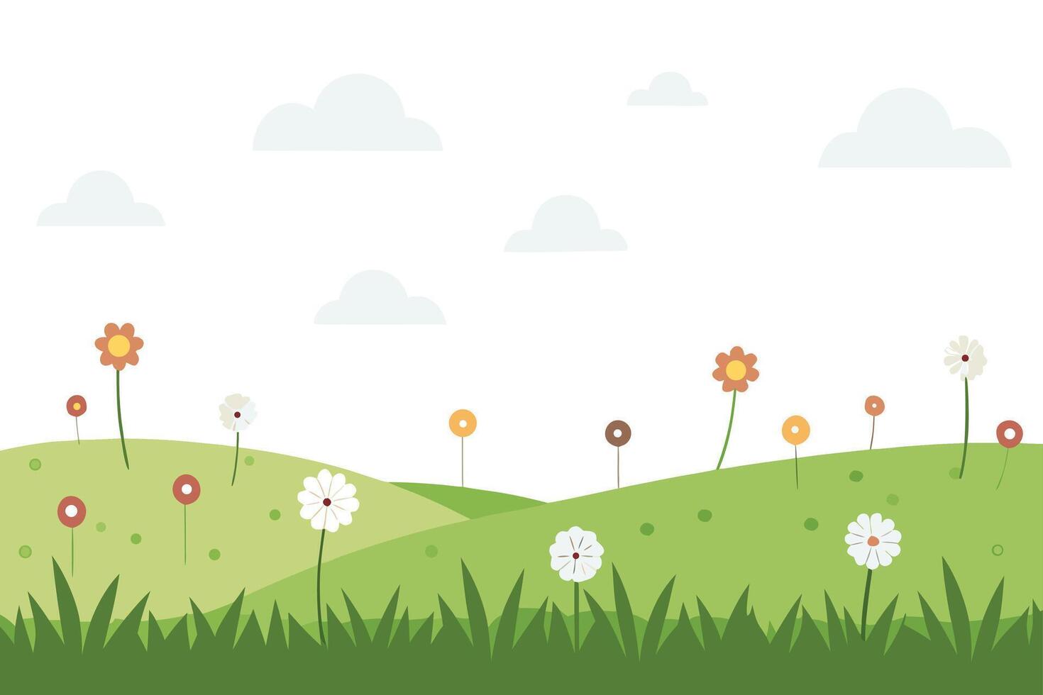 Rolling green hills with scattered flowers and clouds nature landscape vector