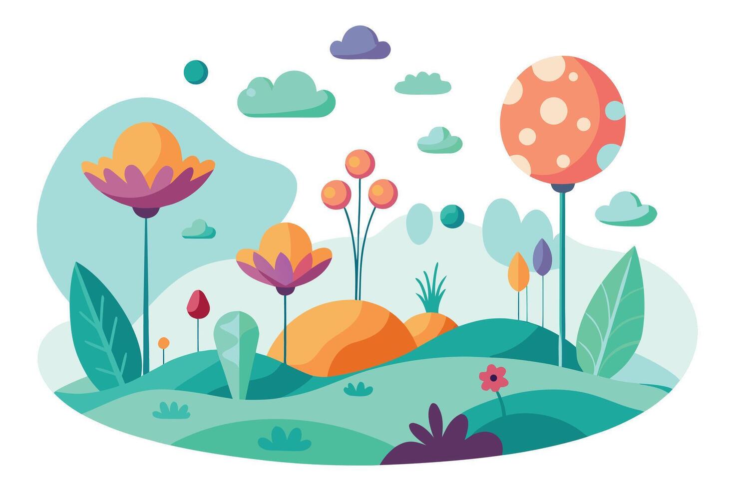 Whimsical floral landscape with colorful plants and clouds vector