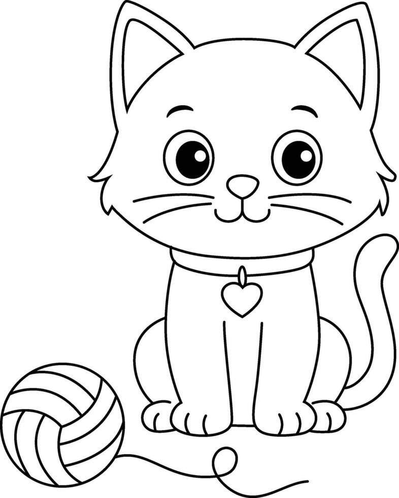 Adorable Cartoon Cat with Yarn Ball Drawing vector