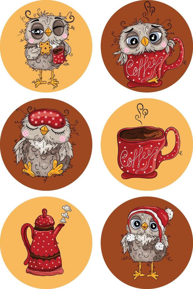 Owls drinking coffee and eating cookies vector