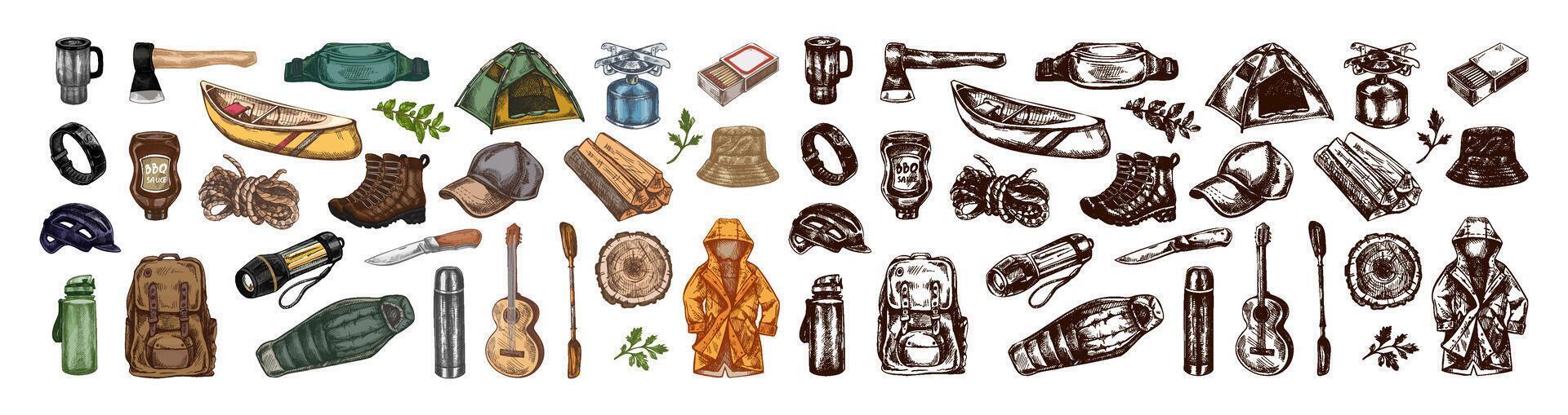 Camping gear collection for outdoor enthusiasts vector