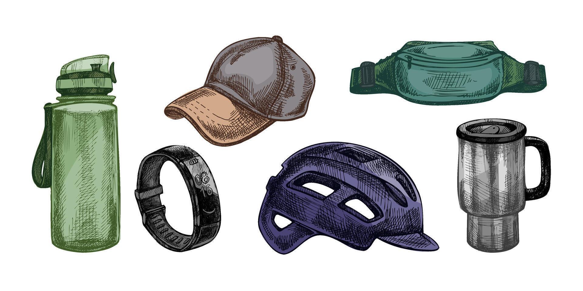 Water bottle, cap, helmet, and band vector