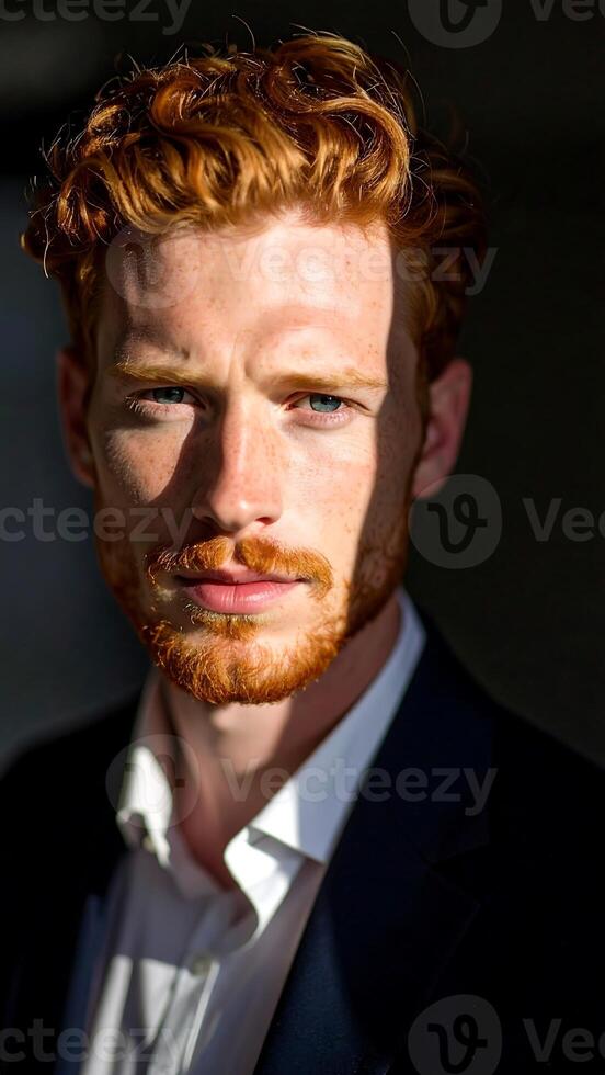 A man with red hair and beard in a suit photo