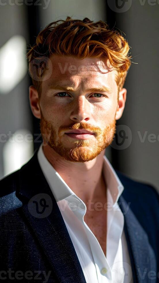 A man with red hair and a suit photo