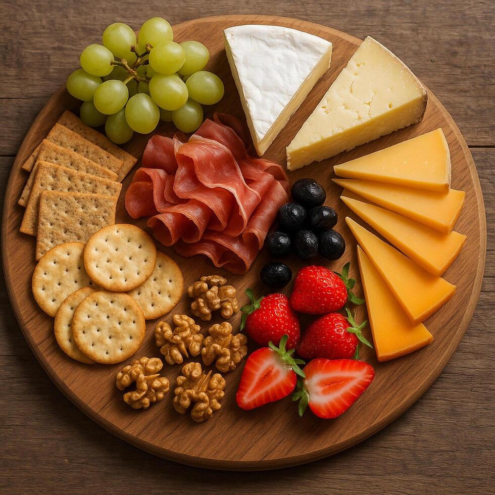 Cheese board isometric icons, isolated. Three charcuterie boards with assorted cheeses, meats, and fruits. Grapes, crackers, and dips. Colorful and appetizing charcuterie selection. photo
