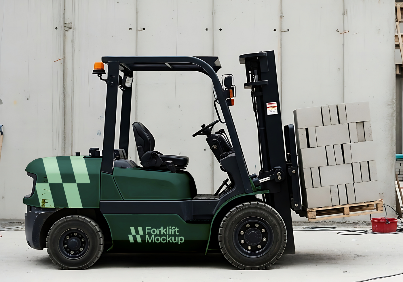 A green forklift with a Forklift Mockup logo transports a pallet of cinder blocks psd