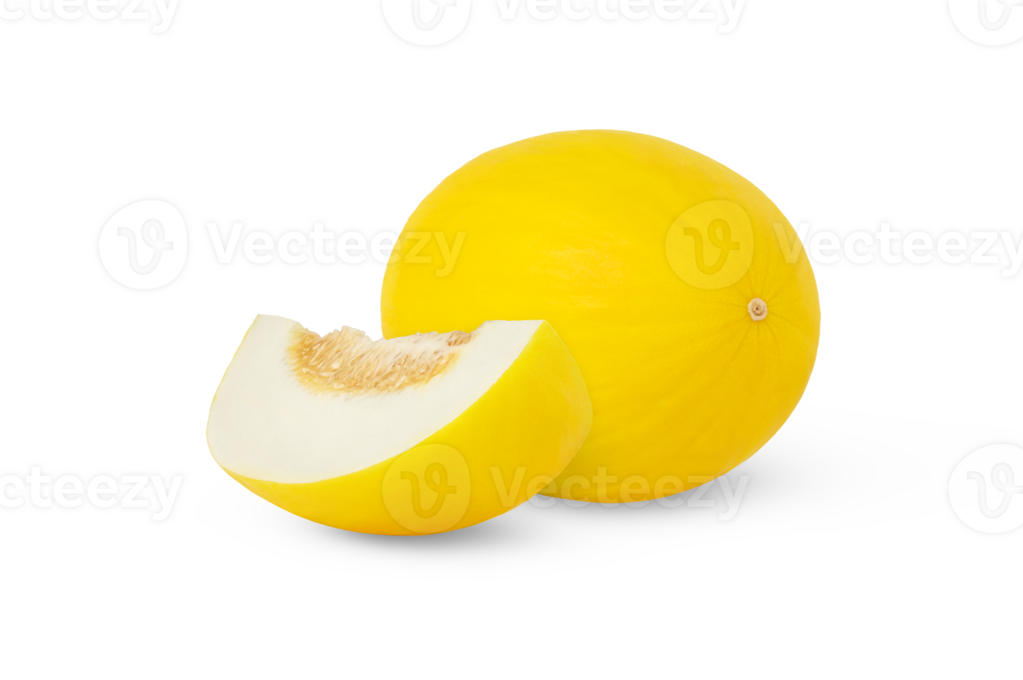 Sweet ripe yellow melon and a slice with seeds isolated. png