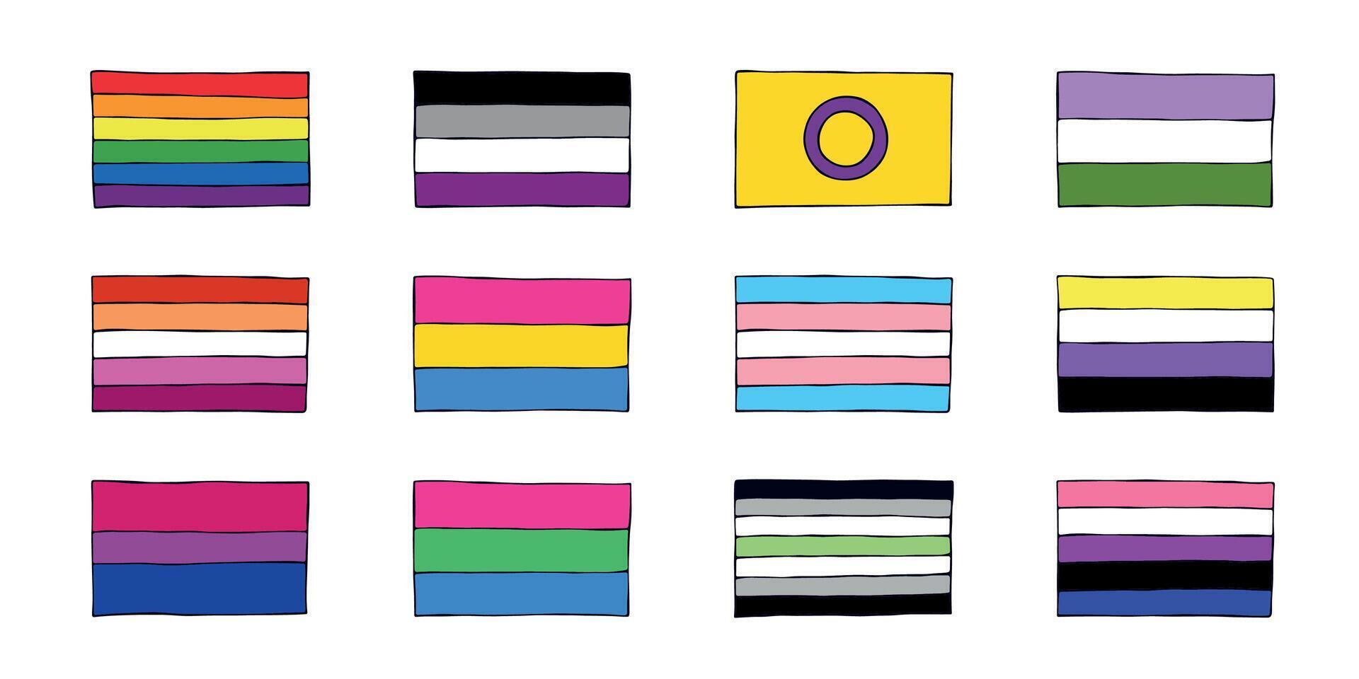 Set of colorful LGBTQIA pride flags five Gender equality and sexual identity pride flags collection LGBTQIA community pride month vector