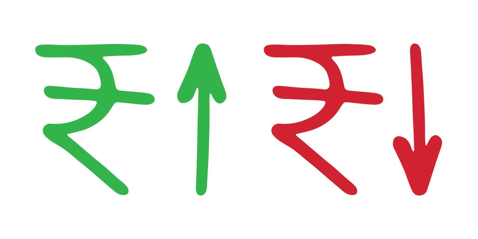 Ink zero Hand drawn rupee currency symbol Growth and fall profit with arrow up and down Brush stroke doodle Element for design vector