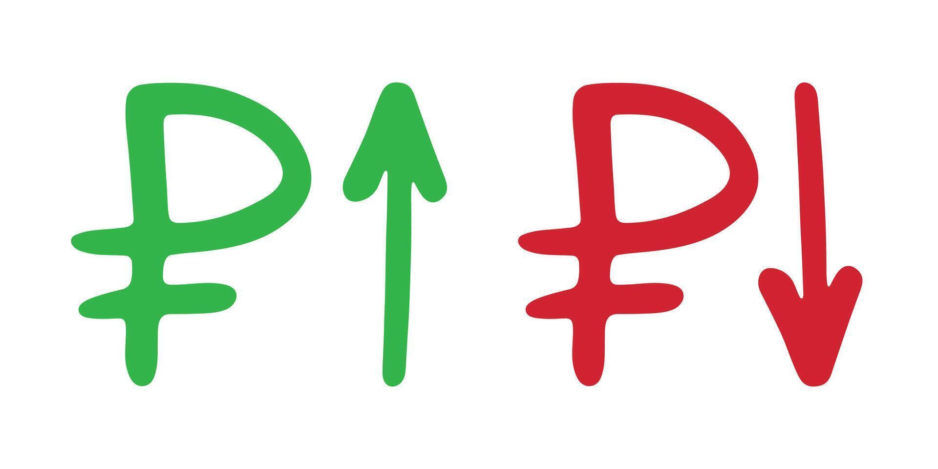Ink zero Hand drawn russian ruble currency symbol Growth and fall profit with arrow up and down Brush stroke doodle Element for design vector