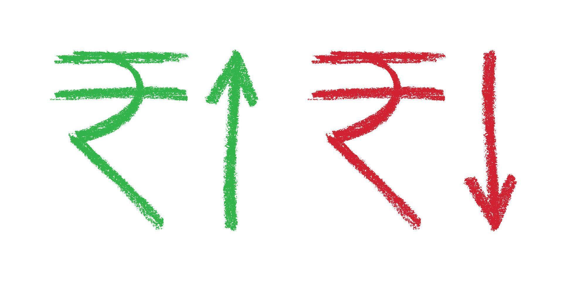 Ink one Hand drawn rupee currency symbol Growth and fall profit with arrow up and down Brush stroke doodle Element for design vector