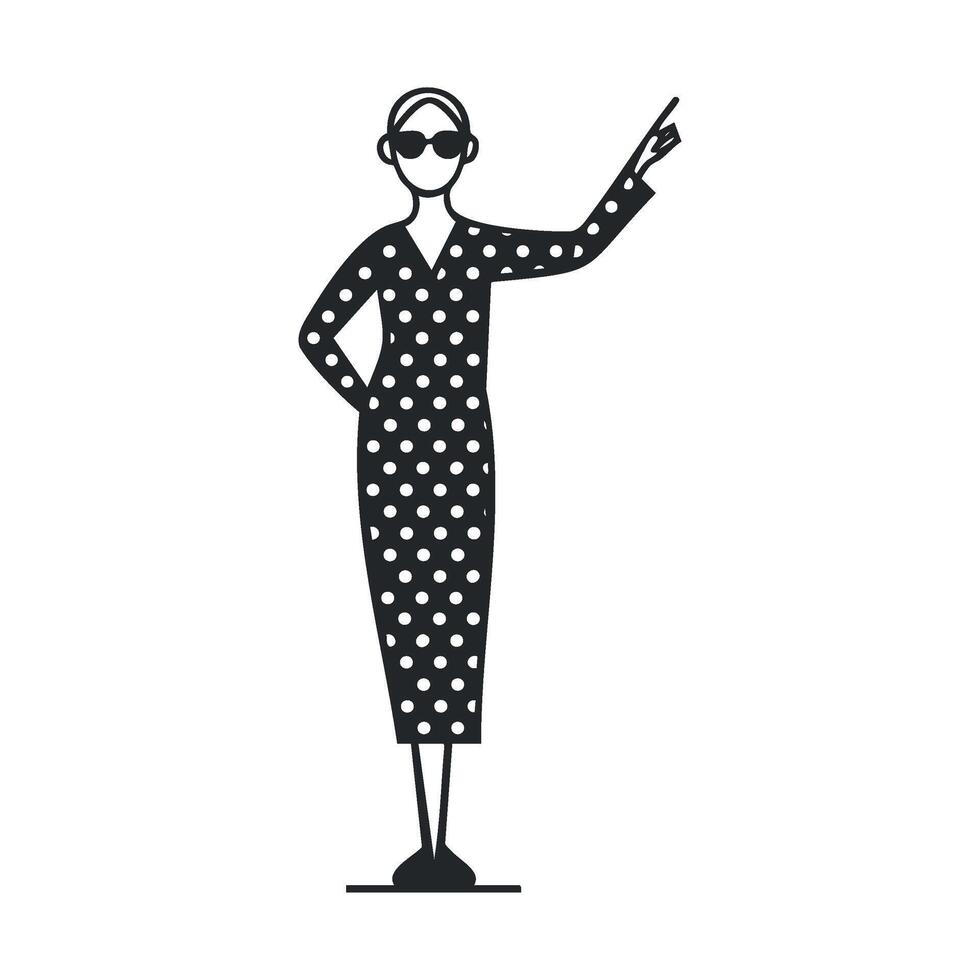 Fashionable woman in polka dot dress pointing with confidence vector