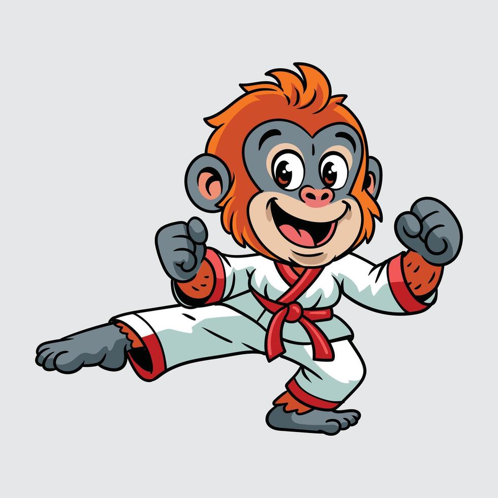 A cheerful cartoon orangutan in a red belt karate uniform, performing a powerful side kick with energetic expression vector