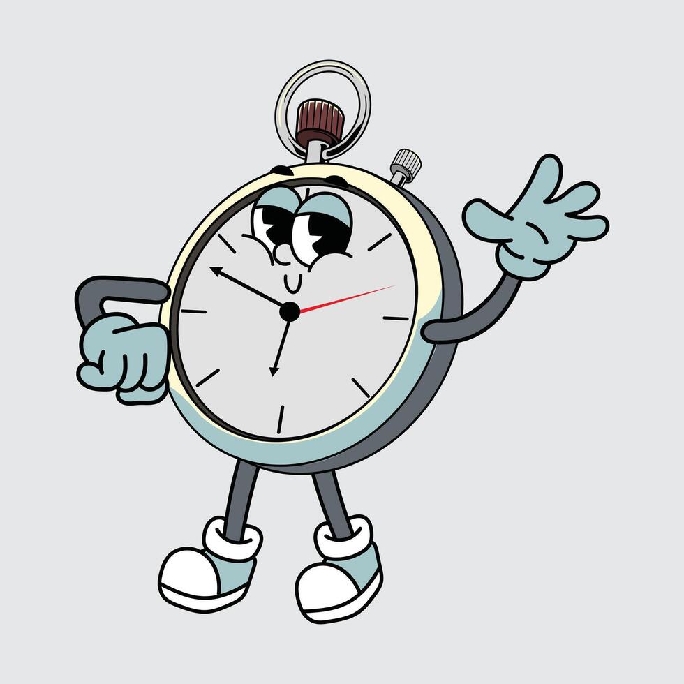 Cute stopwatch cartoon character smiling, posing confidently with gloves and sneakers vector