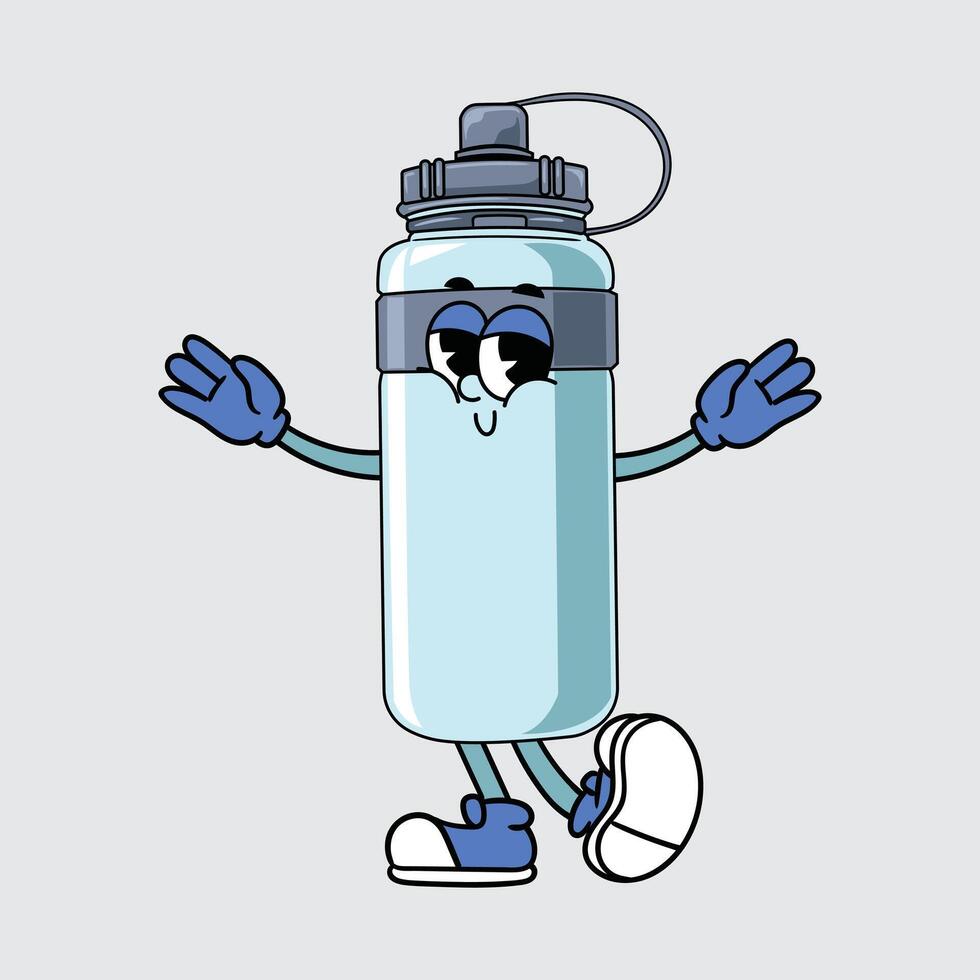 Cute cartoon sport bottle character cheerfully with gloves, sneakers, and a happy face illustration vector