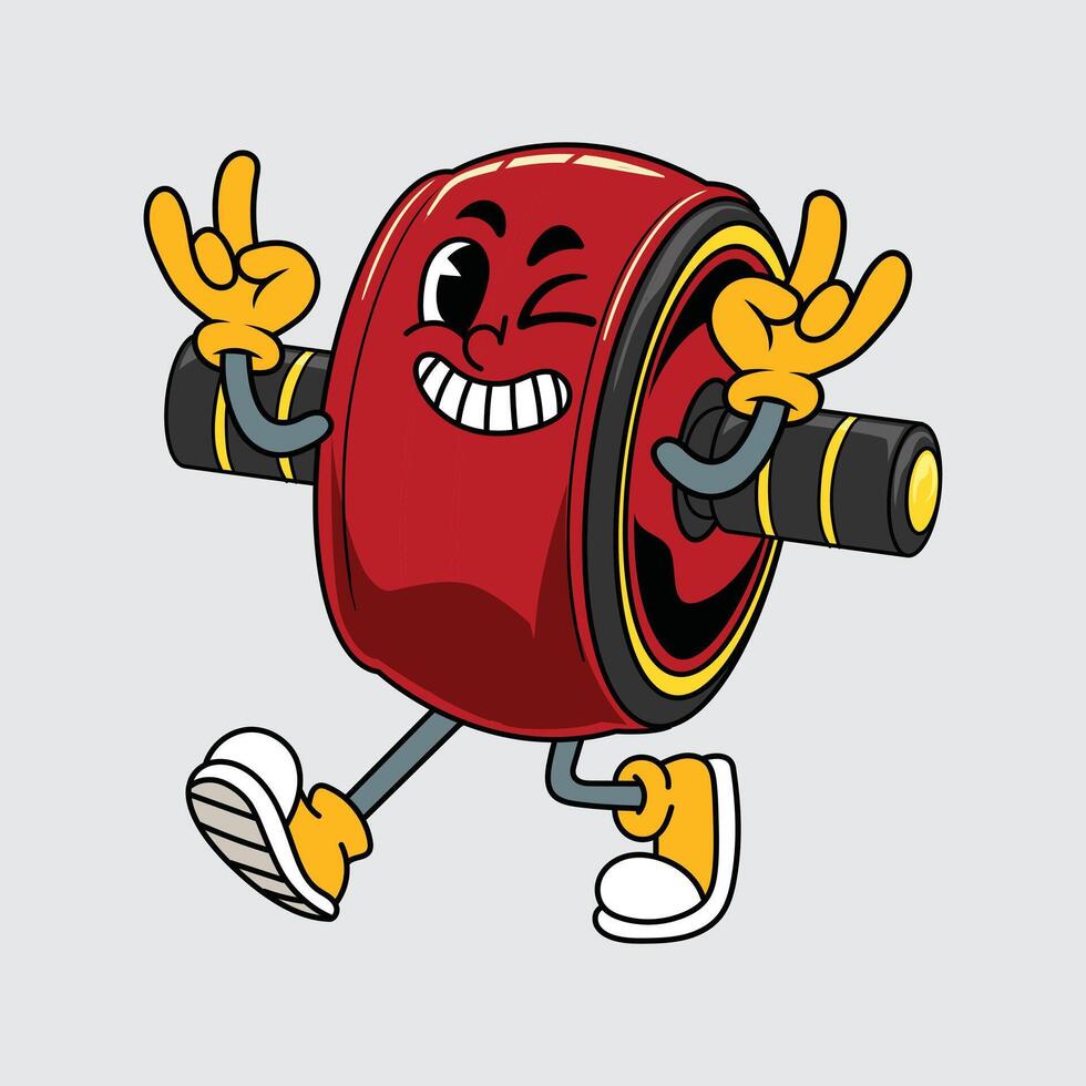 Happy cartoon Ab Roller Wheel character winking, walking, and throwing rock hand gestures vector