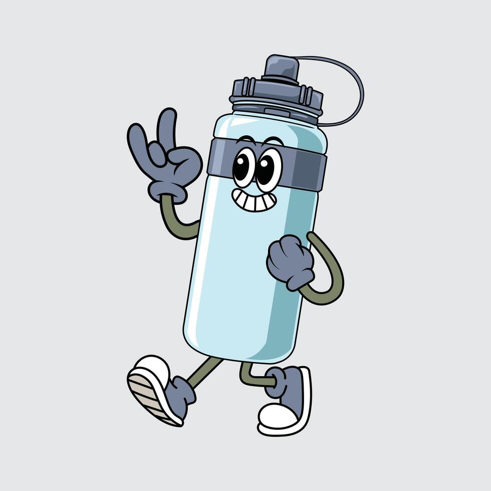 Cute cartoon sport bottle character walking cheerfully with gloves, sneakers, and a happy face illustration vector