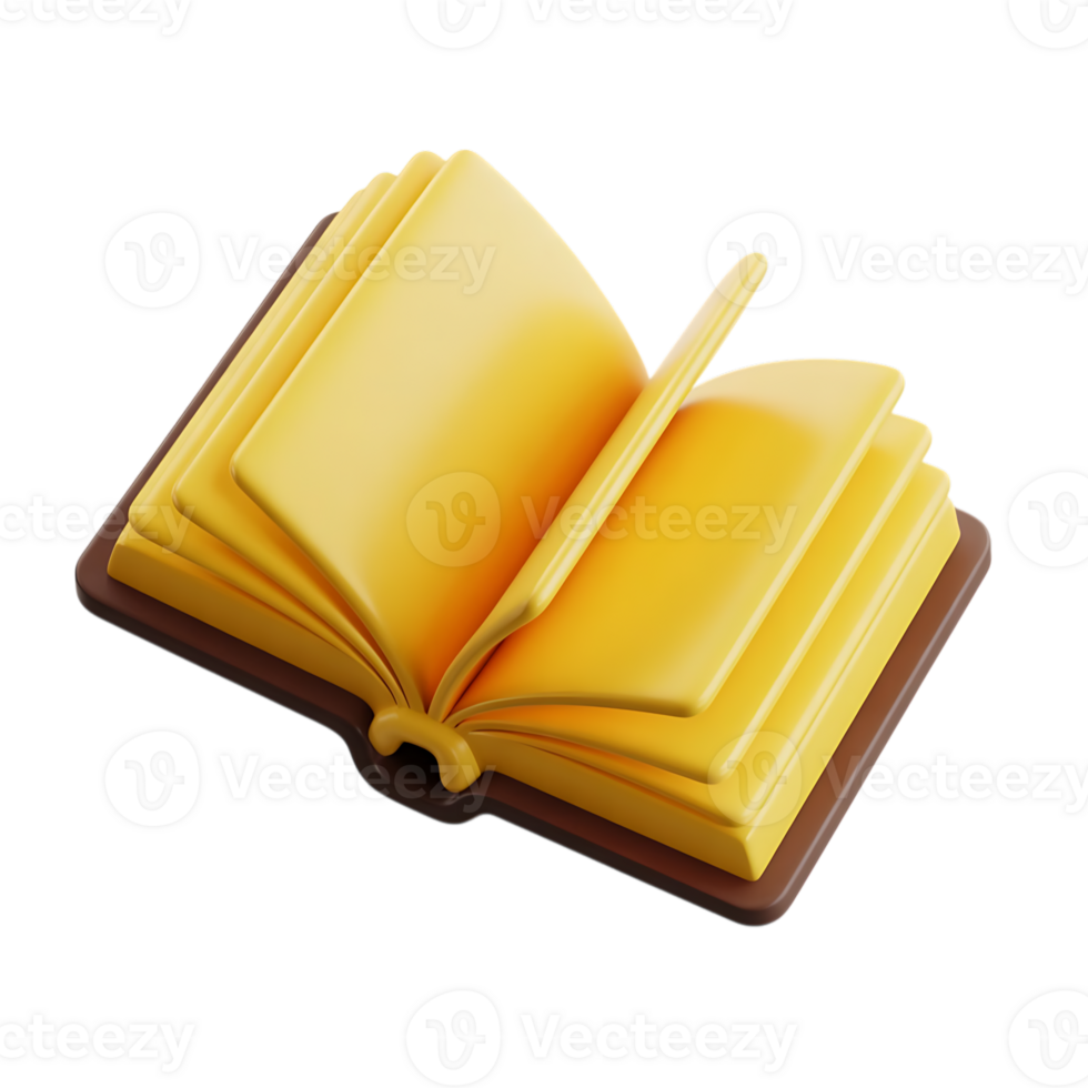 A yellow book with open pages is isolated on transparent background png