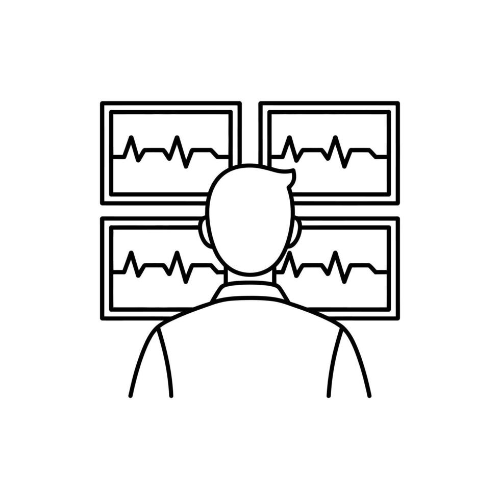 Person monitoring multiple screens displaying heart rate graphs and vital signs vector
