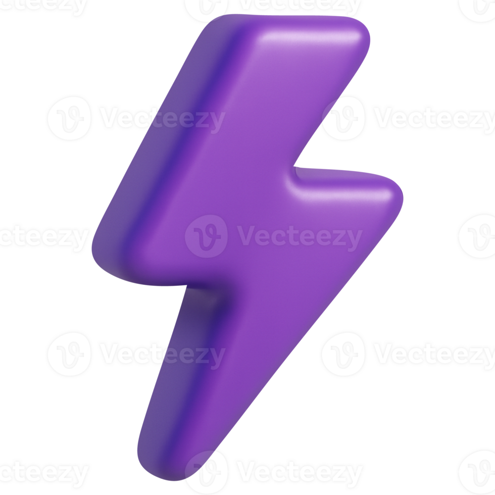 Purple 3D lightning bolt icon in plasticky style isolated on transparent background for energy power and alert interface png
