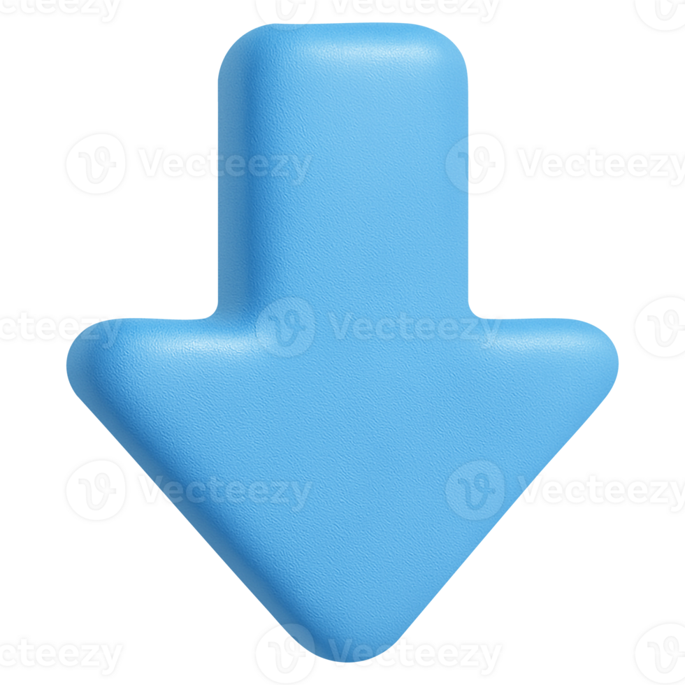 Blue 3D download or down arrow icon in plasticky style isolated on transparent background for web app interface png