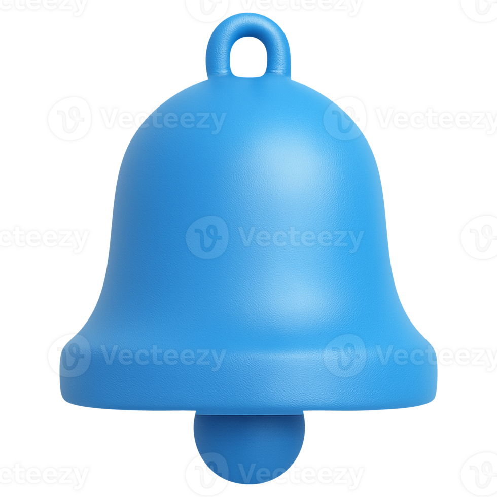 Blue 3D notification bell icon in plasticky style isolated on transparent background for alert reminder app interface png