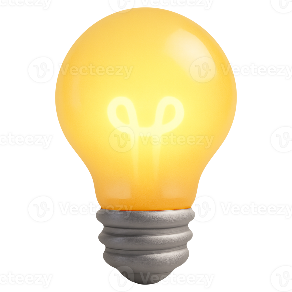 Yellow 3D light bulb icon in plasticky style isolated on transparent background for idea innovation and creativity interface png