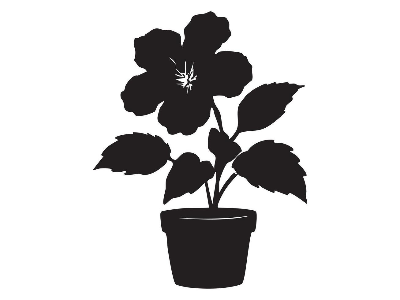 Black silhouette of potted flower, isolated on white background, graphic illustration. concept of floral icon, home decor, plant, nature vector