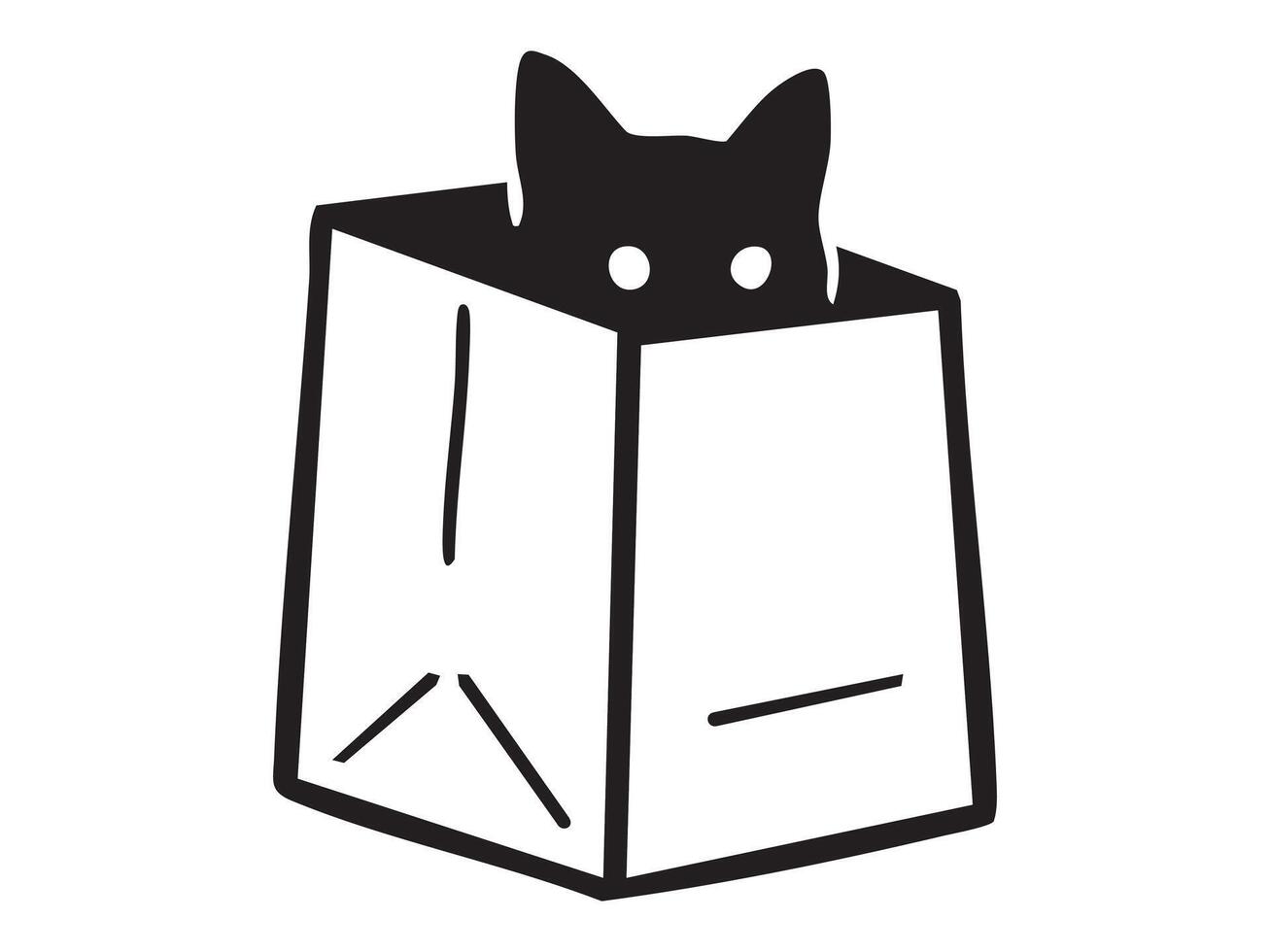 Black silhouette of a curious cat peeking out of a bag, isolated on white background, graphic illustration. concept of hiding, playfulness, feline, mystery, icon, design element vector
