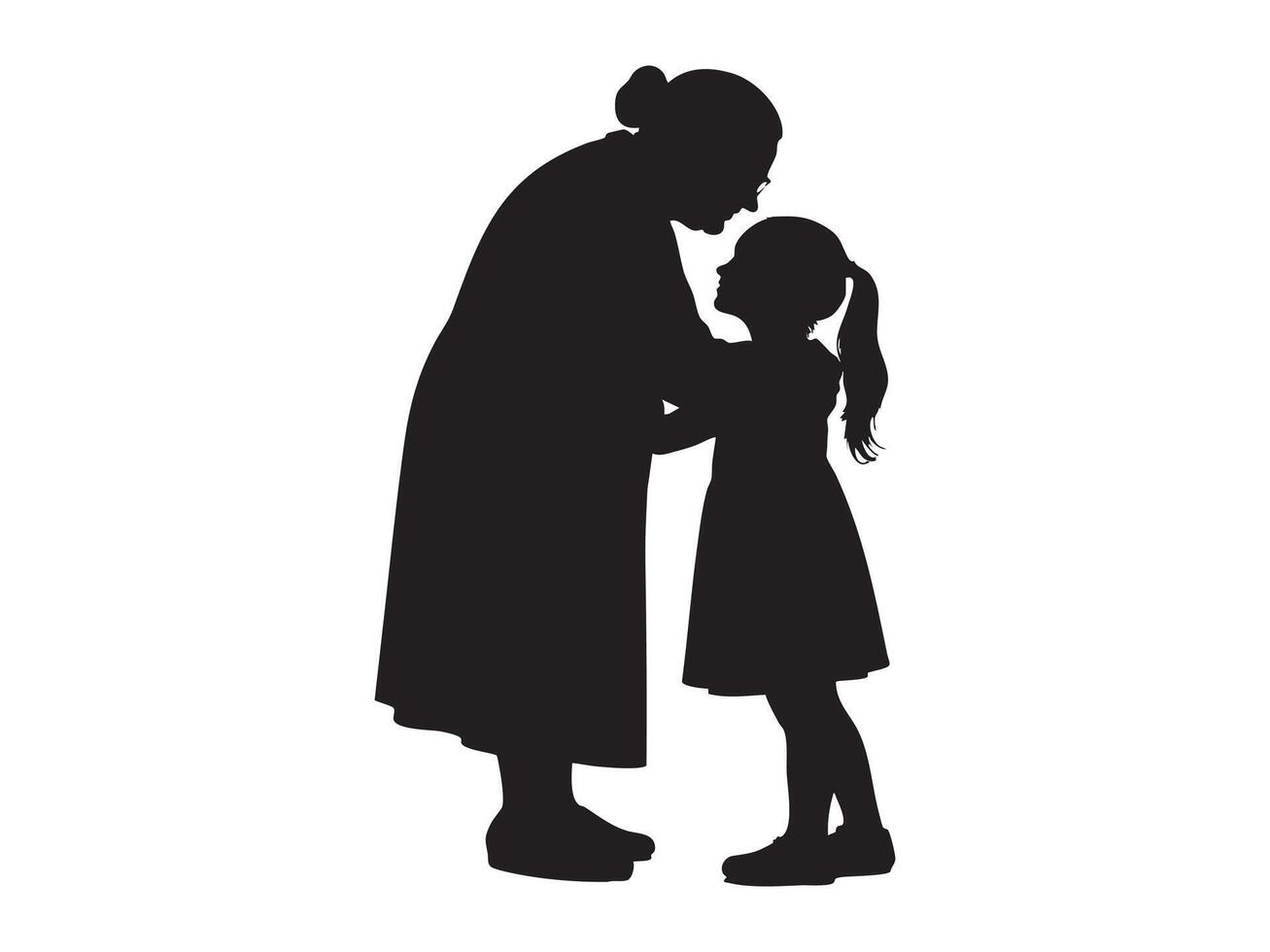 Black silhouette of grandmother and girl embracing, isolated on white background, graphic illustration. concept of family, love, generations, bond, design element, icon, logo. vector