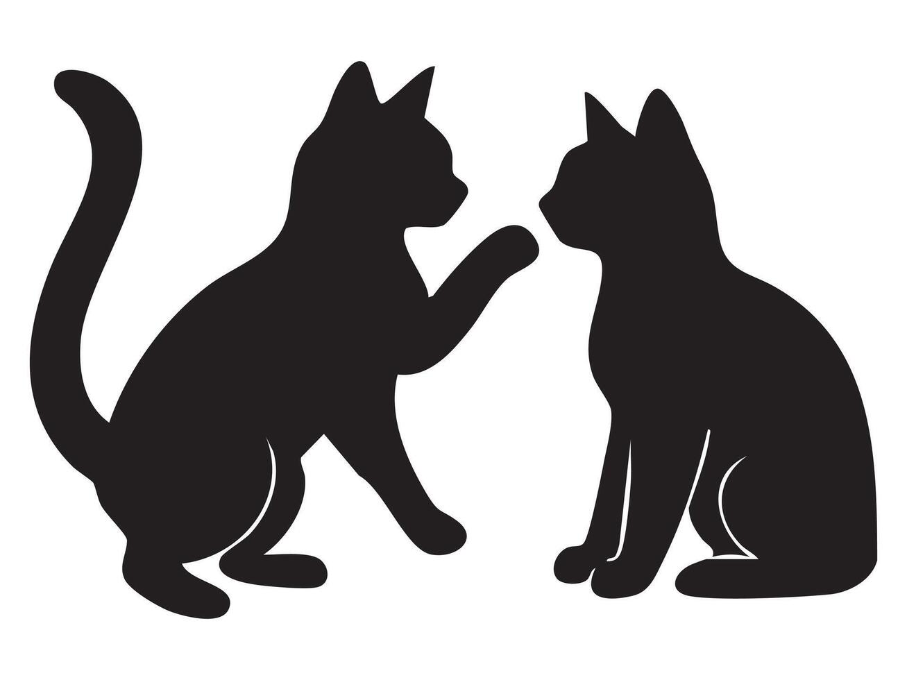 Black silhouettes of two sitting cats interacting, isolated on white background, graphic illustration. concepts of pets, cute kittens, domestic animals, icons, design elements vector