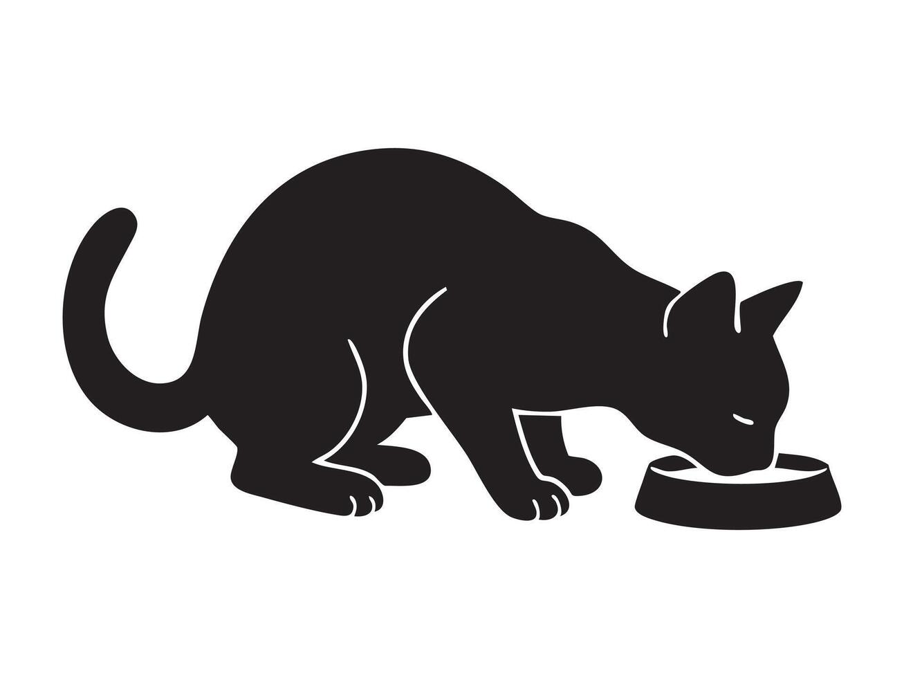 Black silhouette of cat drinking from bowl, isolated on white background, graphic illustration. concept of pet, cute kitten, domestic animal, feeding, icon, design element. vector