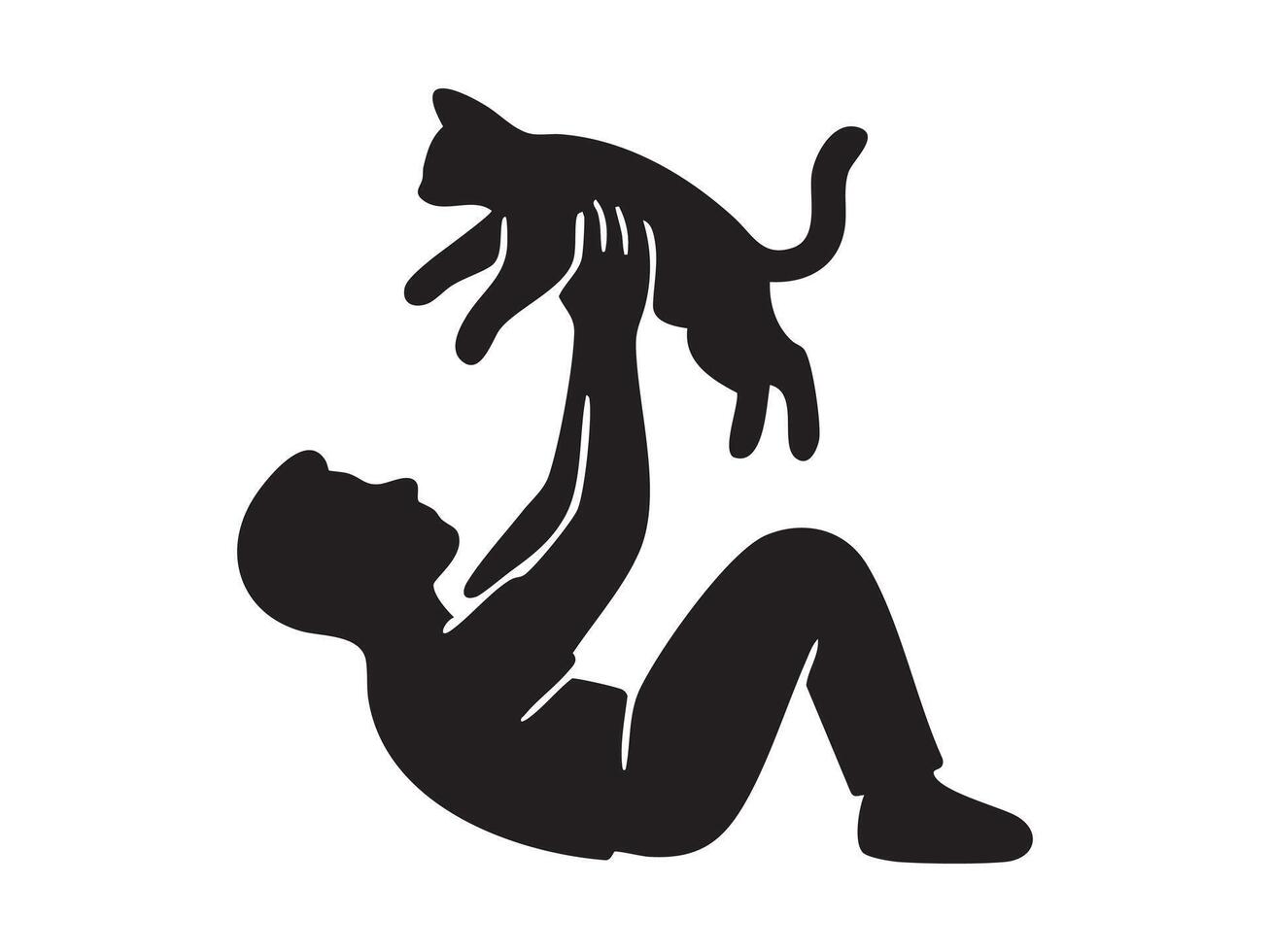 Black silhouette of man holding playful kitten, isolated on white background. concept of pet ownership, human-animal bond, playful interaction, design element, icon, logo vector