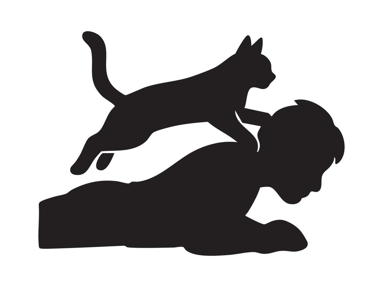Black silhouette of cat jumping over lying man isolated on white background. concept of pet, cat behavior, playful animal, human interaction, design element vector