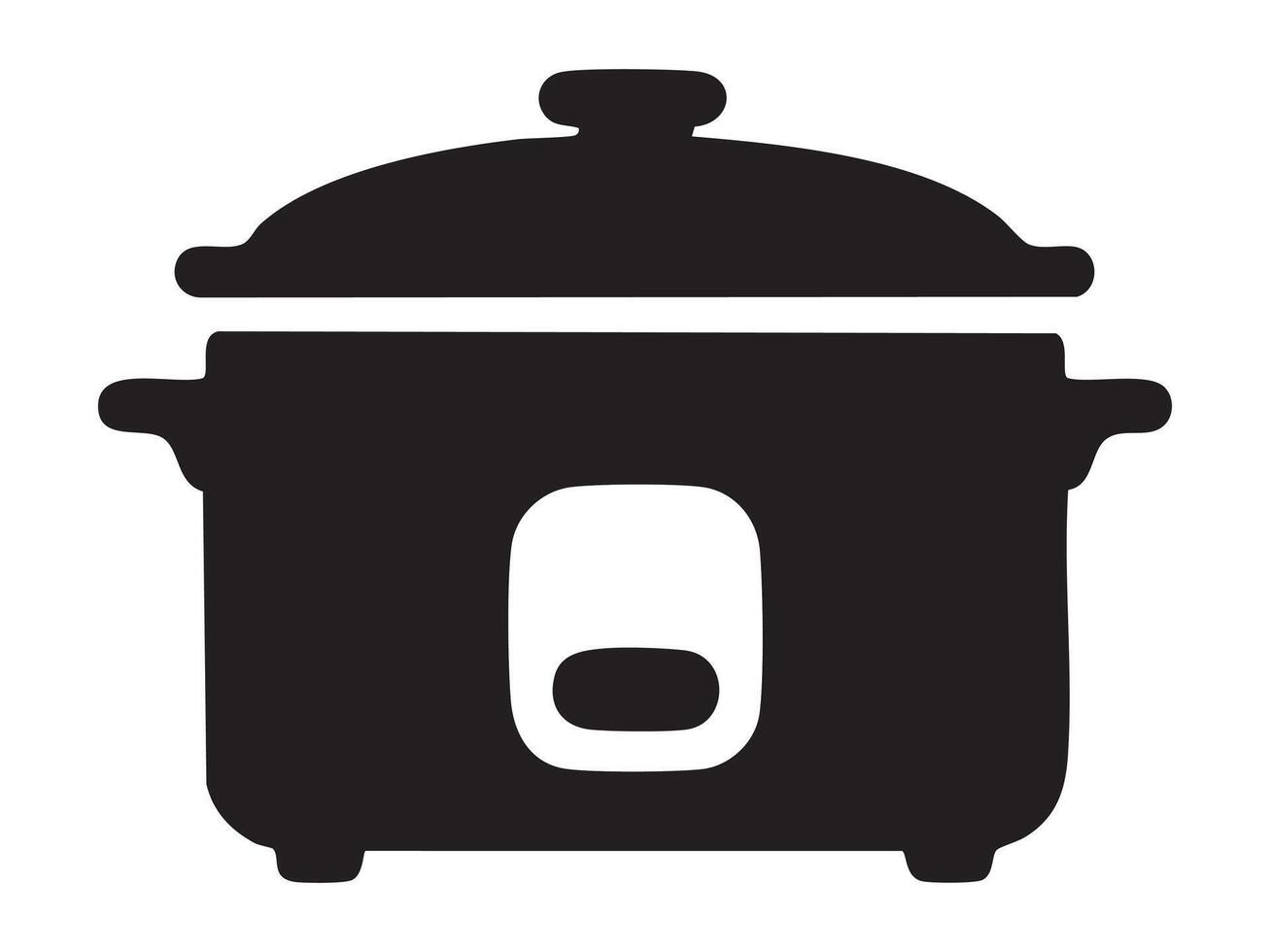 Black silhouette of slow cooker or electric multicooker with lid and handles isolated on white background, illustration. Concept of kitchen appliance, home cooking device, modern food preparation vector