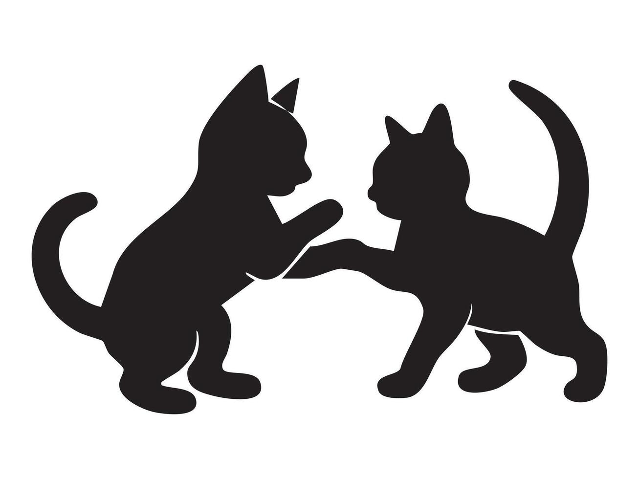Black silhouettes of two playful kittens facing each other on white background, graphic illustration. concept of pets, cute kittens, domestic animals, icons, logos, design elements vector