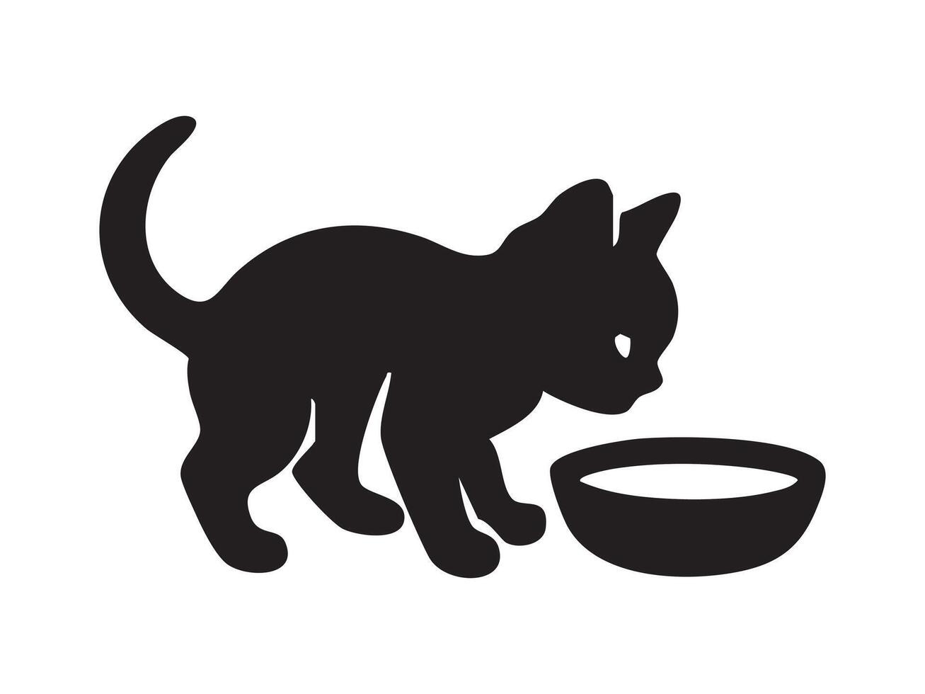Black silhouette of kitten near bowl, isolated on white background, graphic illustration. concept of pet, cute kitten, domestic animal, icon, logo, design element. vector