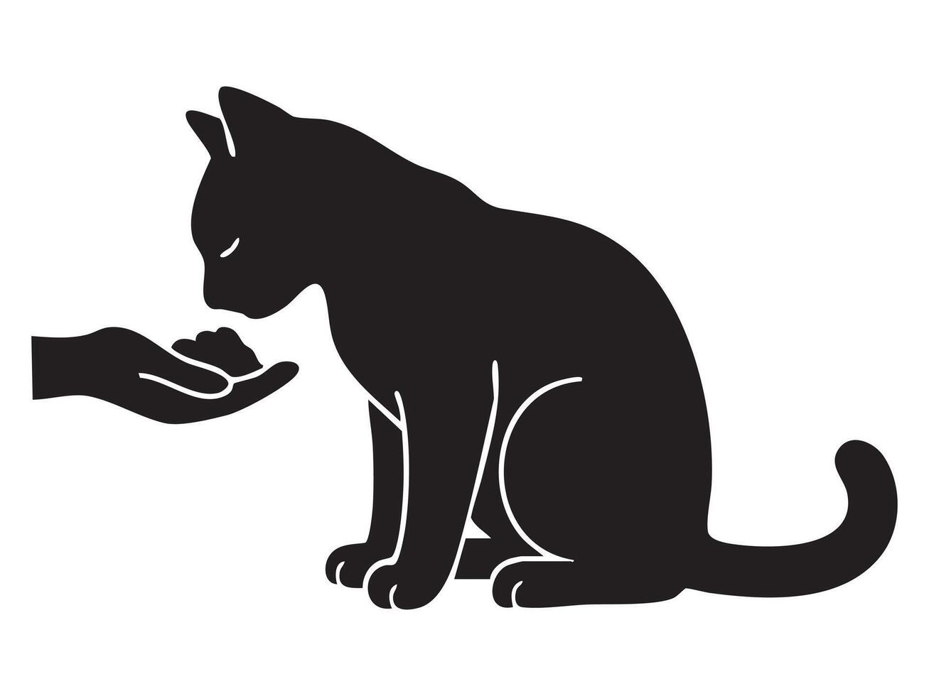 Black silhouette of sitting cat with outstretched hand, isolated on white background, graphic illustration. concept of pet, cute kitten, domestic animal, interaction, design element vector