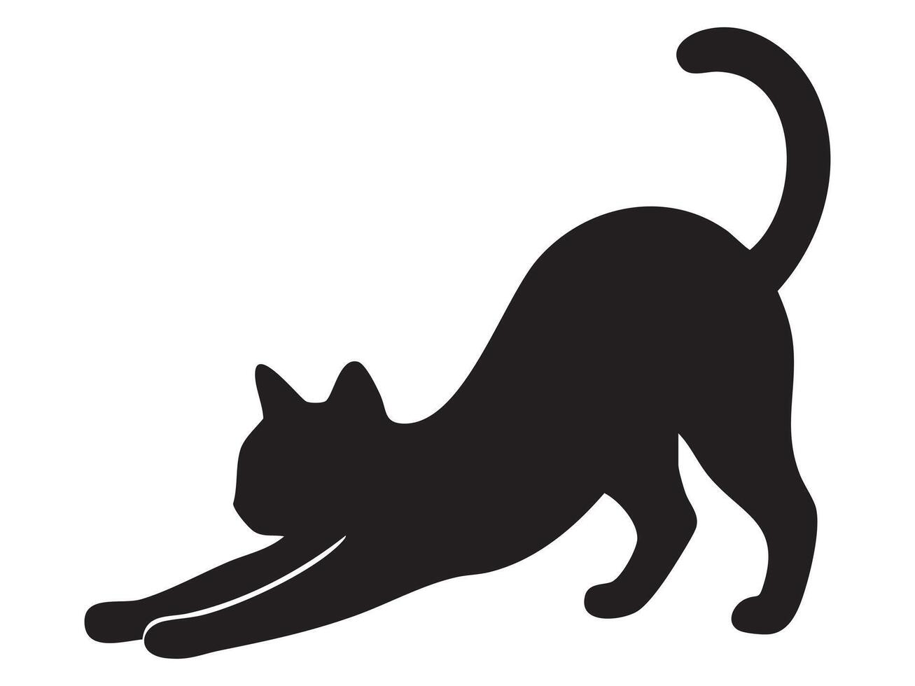 Black silhouette of playful cat stretching, isolated on white background, graphic illustration. concept of pet, cute kitten, domestic animal, icon, logo, design element. vector