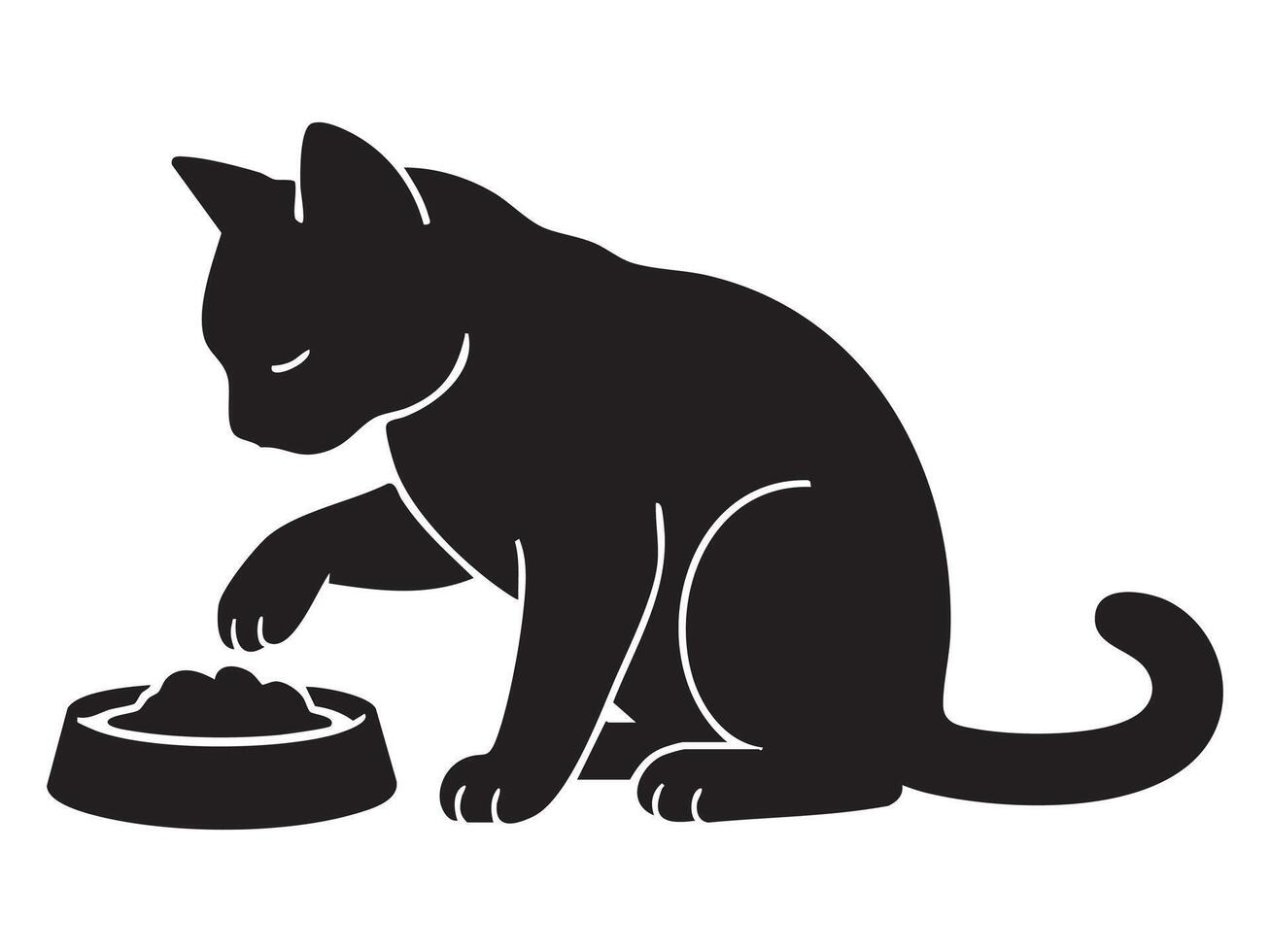 Black silhouette of cat eating from bowl, isolated on white background, graphic illustration. concept of pet, cute kitten, domestic animal, icon, logo, feeding vector