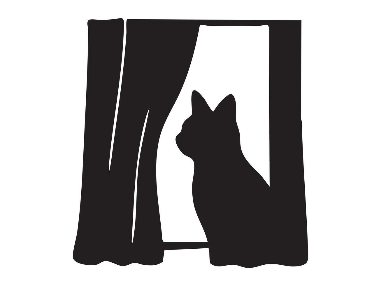 Black silhouette of cat sitting near window, isolated on white background, illustration. concept of pet, curious kitten, domestic animal, icon, logo, design element vector
